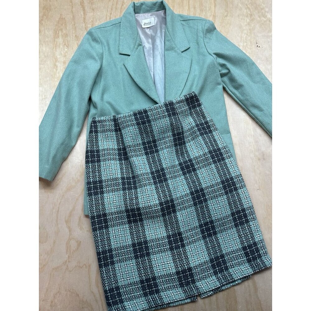 VTG Jessica Scott Emporium 80’s Career Teal Wool Blazer Plaid Pencil Skirt 10 12